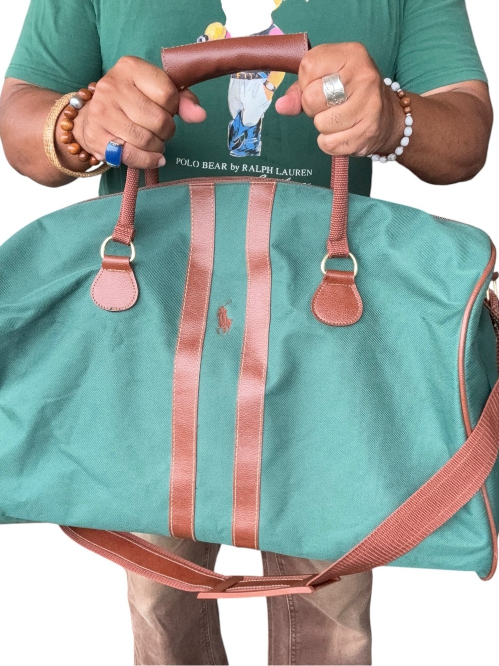 Ralph Lauren Teal and Brown Canvas Duffel Bag
